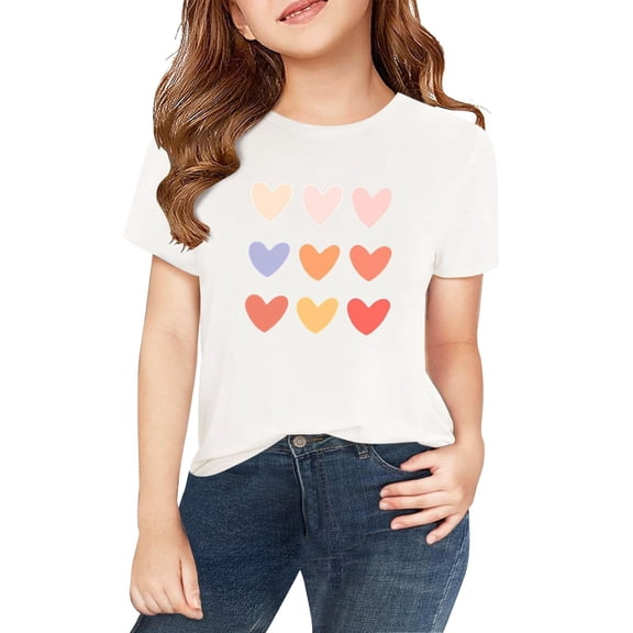 XIMIN Valentines Day Shirt for Girls Cute Love Heart Print Red Short Sleeve T-Shirt Casual Tops Holiday Gift Blouse