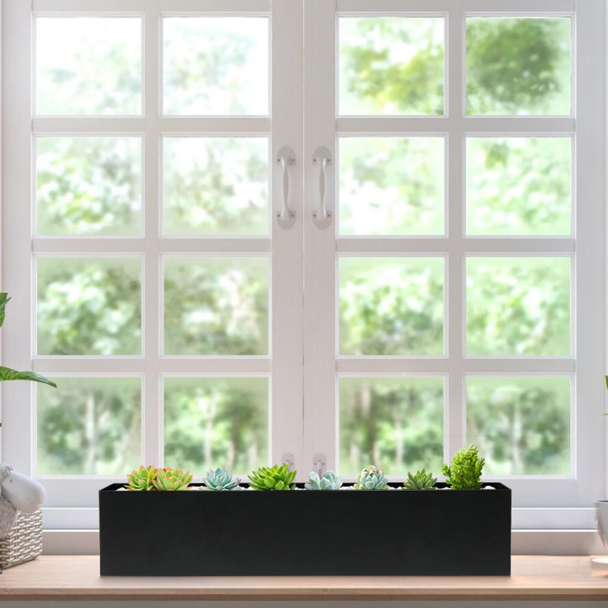 Metal Steel 16" Window Box Rectangular Succulent Planter Box Table Sill Plant Pots Modern Long Durable for Small Herb with Drainage Hole for Indoor Outdoor, with 4 Free Rubber Mats, Black