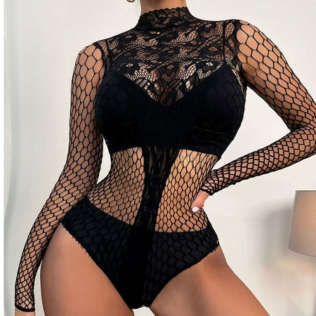 

EQWLJWE Sexy Lingerie for Women Ladies Fashion Sexy Lingerie Fishnets Hollow Lace Slim Fit Sexy Halter Neck Hip Jumpsuit One Size