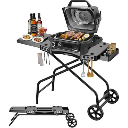 LZQP Foldable Grill Cart for Ninja OG700–OG750 & Blackstone 22" | Portable BBQ Stand with Wheels, Side Table & Storage Basket