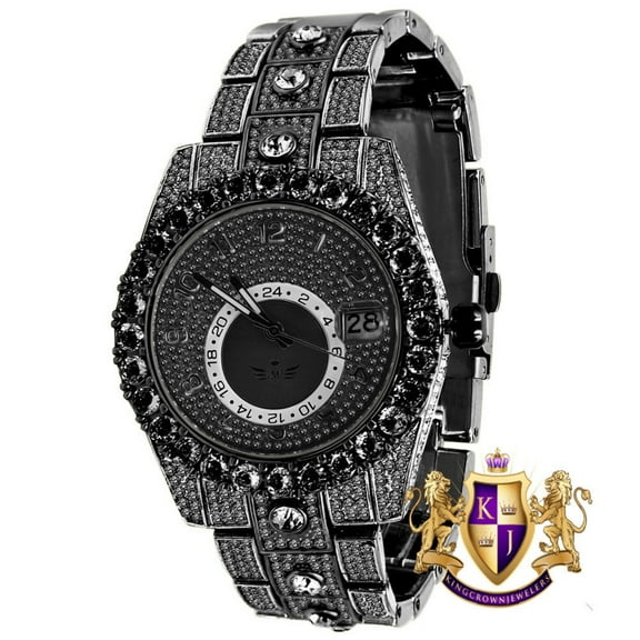 18K Black Gold Finish Simulated Diamond Solid Steel Back Solitaire Bezel & Band Men's Watch 40mm W/Date Function