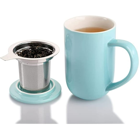 AVLA Porcelain Tea Mug with Infuser and Lid, 18 OZ Ceramics Loose Leaf Tea Steeping Cups for Women/Men/Office/Home/Gift, Large Tea Strainer Cup, Easy to Hold, Light Blue