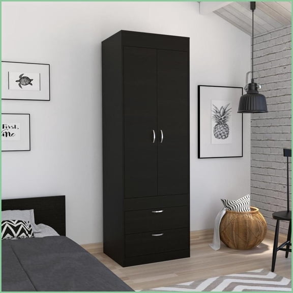 Armoires | Lisboa Double Door Storage Wardrobe with Rod & 2 Drawers | Black | Engineered Wood