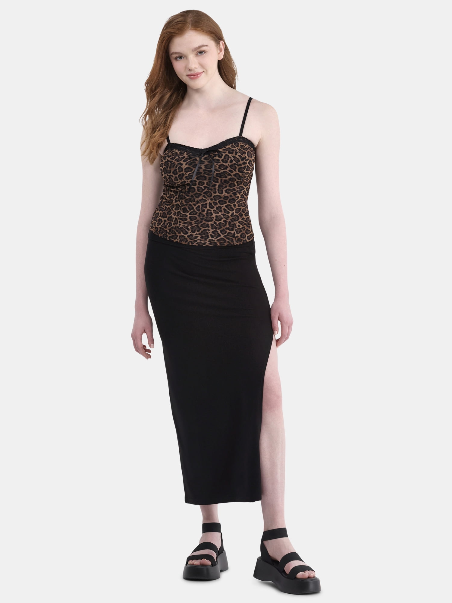 No Boundaries Knit Foldover Slit Maxi Skirt, Women's and Women’s Plus