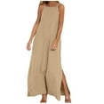 thumbnail image 3 of CFLVAEK Cotton Linen Summer Tank Dresses for Women Spaghetti Strap Square Neck Sleeveless Dress with Pockets Solid Color Split Maxi Dress Khaki XXL, 3 of 6