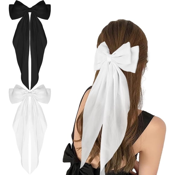 LAICAIW Pack of 2 Hair Clips with Large Bow Soft Silky Satin Hair Clip Long Tail French Ribbon Hair Pins 90s Bowknot Clips for Party Christmas Women (Black + White)