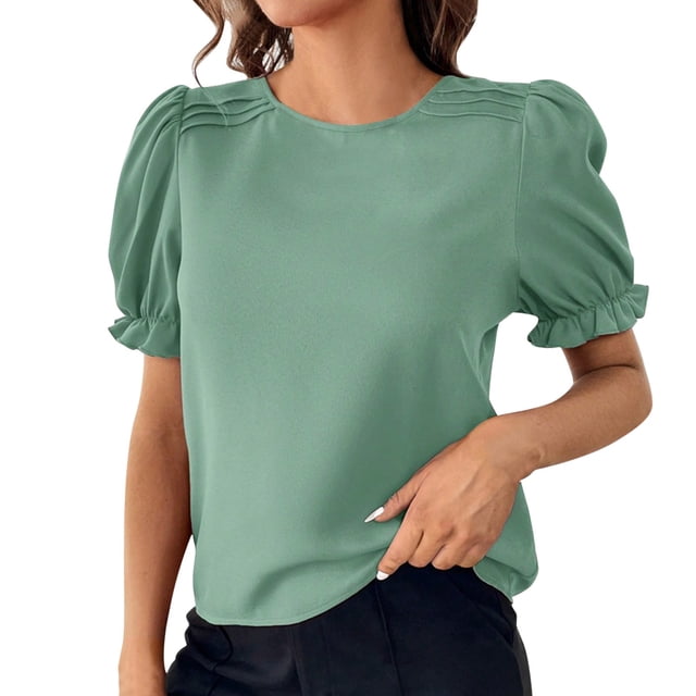 Cathalem Womens Oversized T Shirts Summer Ruffle Plain Round Neck Loose Fit Tee Blouse Tops,Mint Green XXL