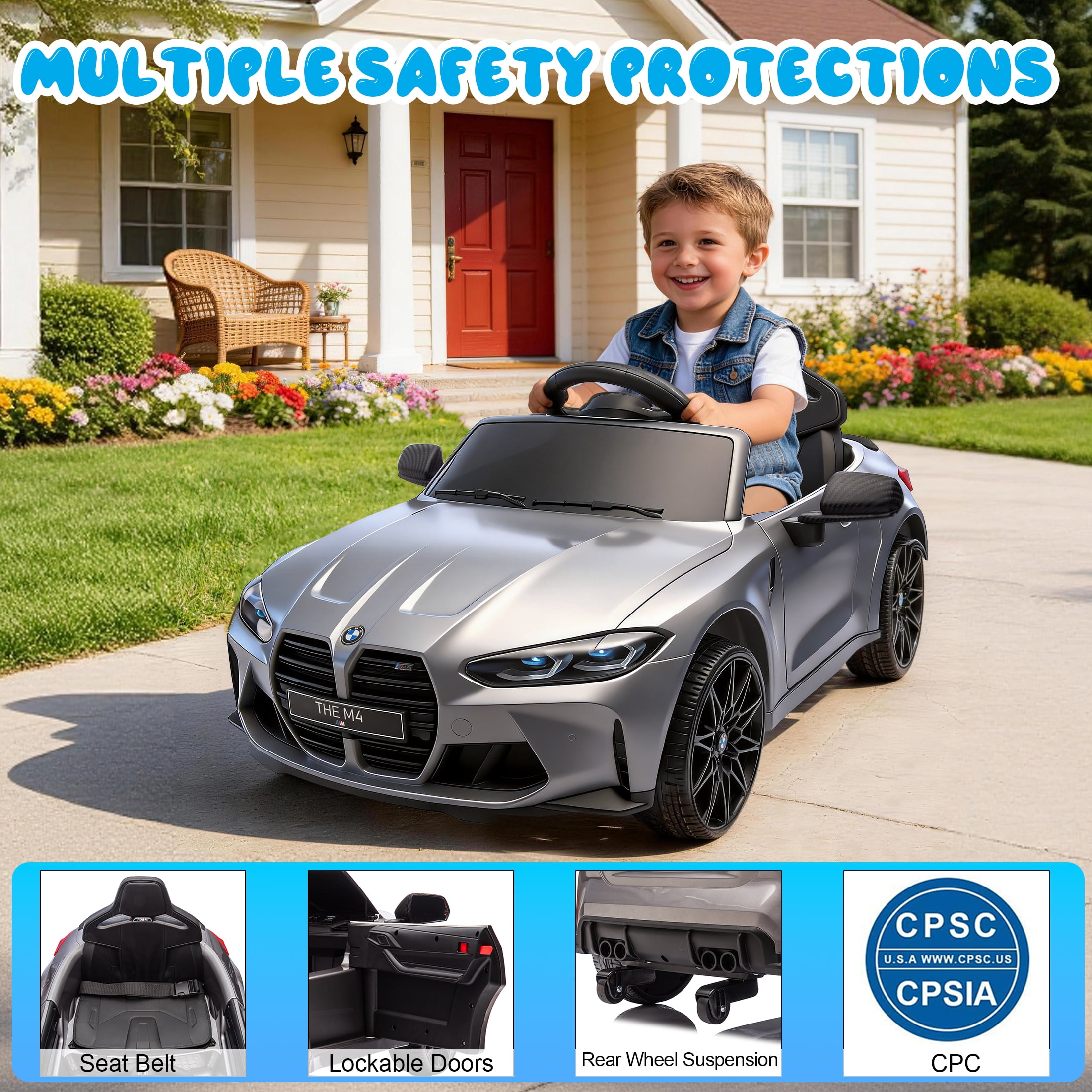BMW M4 24V Kids Ride On Toy Car with Parents Remote, Electric Car with USB/MP3, Bluetooth, LED Light, Toddler Car with A Handle with Wheels and A Pull, Easy to Carry, Gift for Boys Girls 2-5, Silver