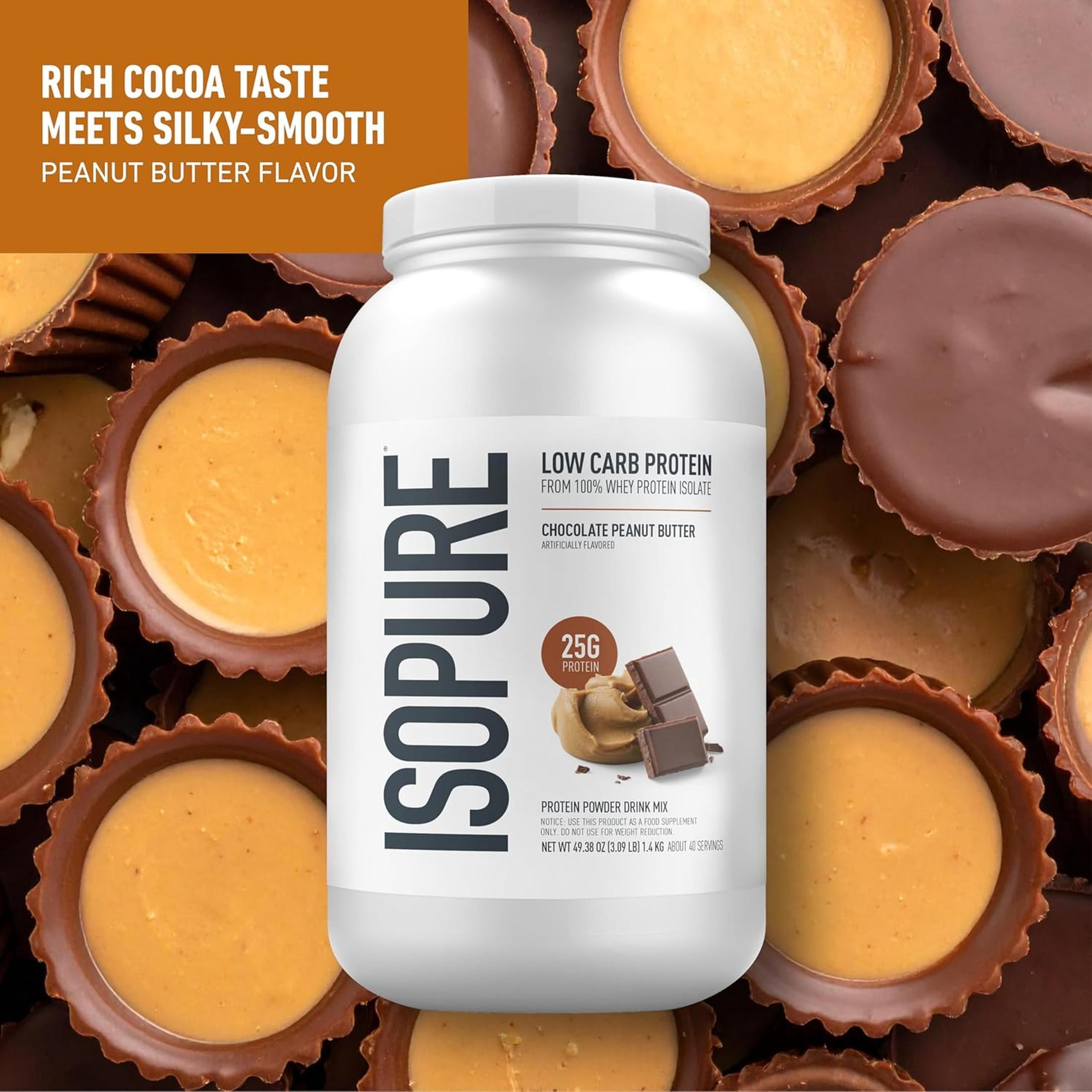 Isopure Low Carb 100% Pure Whey Isolate Protein Powder, Lactose Free, Gluten Free, With Vitamins, Chocolate Peanut Butter, 25g Protein Per Serving, 3 Lbs, 40 Servings (Packaging May Vary)