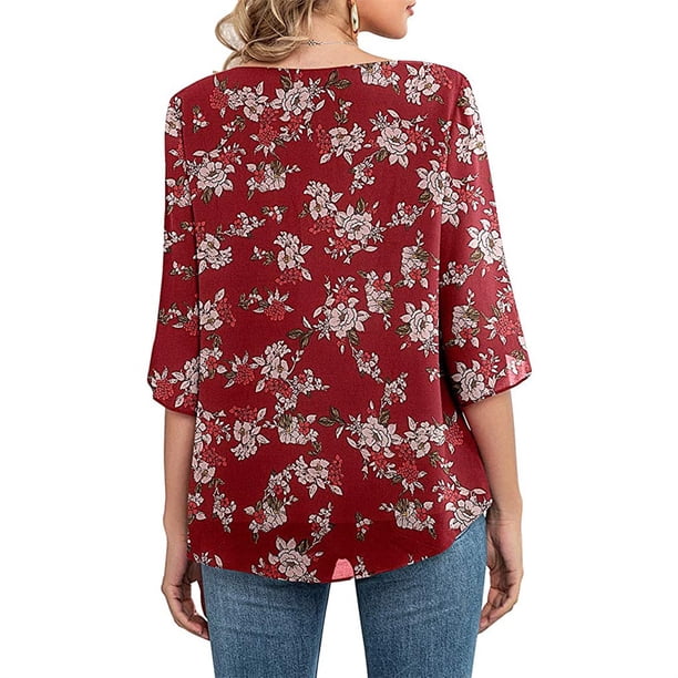 Qarigey Camisa de mujer Estampado de media manga Top Camisa de mujer Estampado de medio cuello Blusa informal Prendas para la parte del cuerpo flor blanca roja M