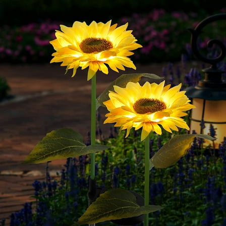 Rirool 2 Pack Outdoor Solar Sunflower Garden Lights - LED Decorative Stake Lights for Patio Lawn Yard Pathway Decoration, Waterproof and Solar Powered
