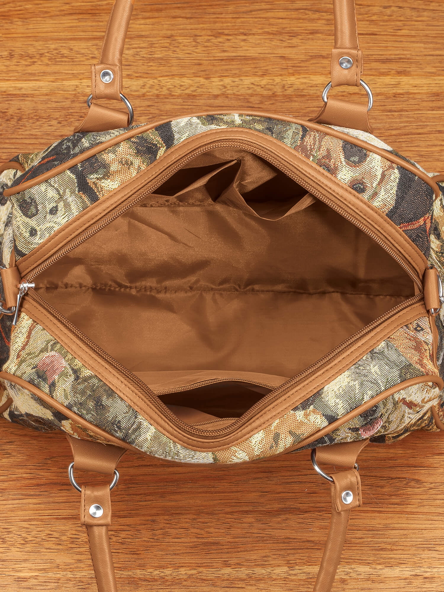 Animal Tapestry Barrel Handbag, Adjustable Straps, Zip Pocket and 2 Side Pockets, Silvetone Hardware - Measures 11" Wide x 8 3/4" High with 5 1/4" Gusset, Dog Design