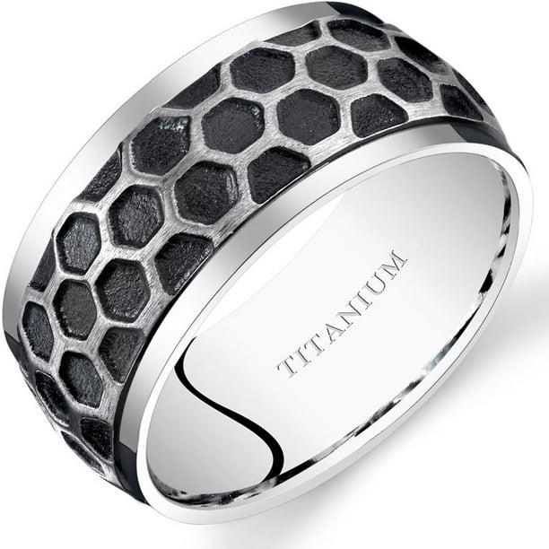 Men's 10mm Two Tone Hexagon Pattern Wedding Band Ring in Titanium