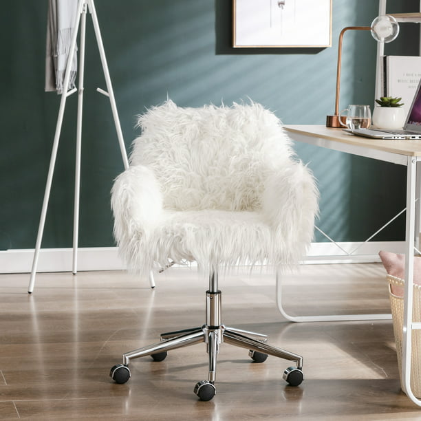 Syngar Faux Fur Vanity Chair White Arm, Rolling Vanity Stool Seat