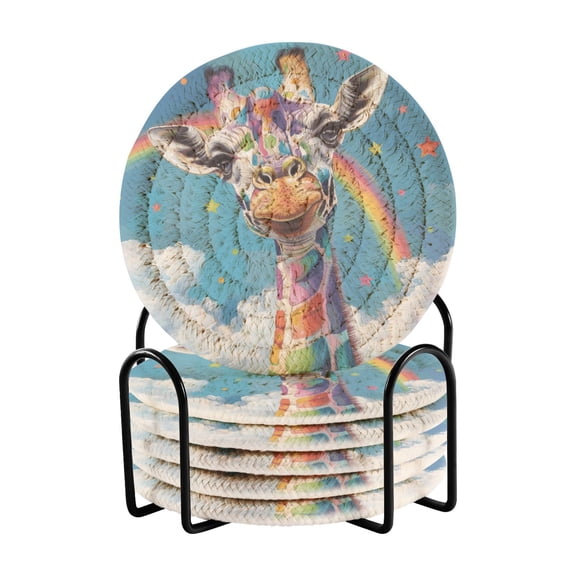Haosy Set of 6 Drink Woven Coaster with Holder Heat Resistant Non-Slip Bar Coasters 4 Inches Colorful Spots Giraffe and Rainbow