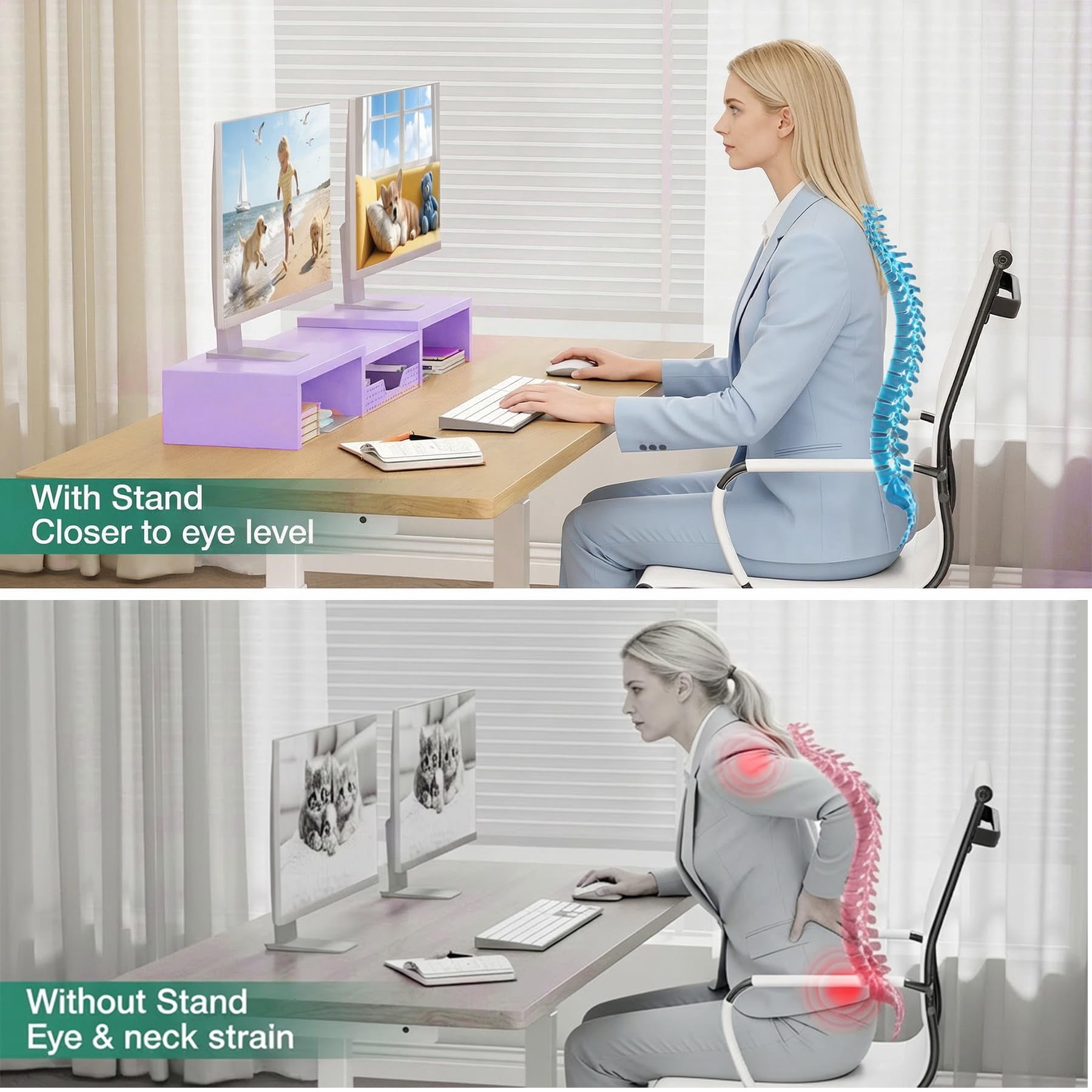Dual Computer Monitor Stand Riser With Drawer  Workspace Desk Organizer Office Supplies Accessories For Women Purple
