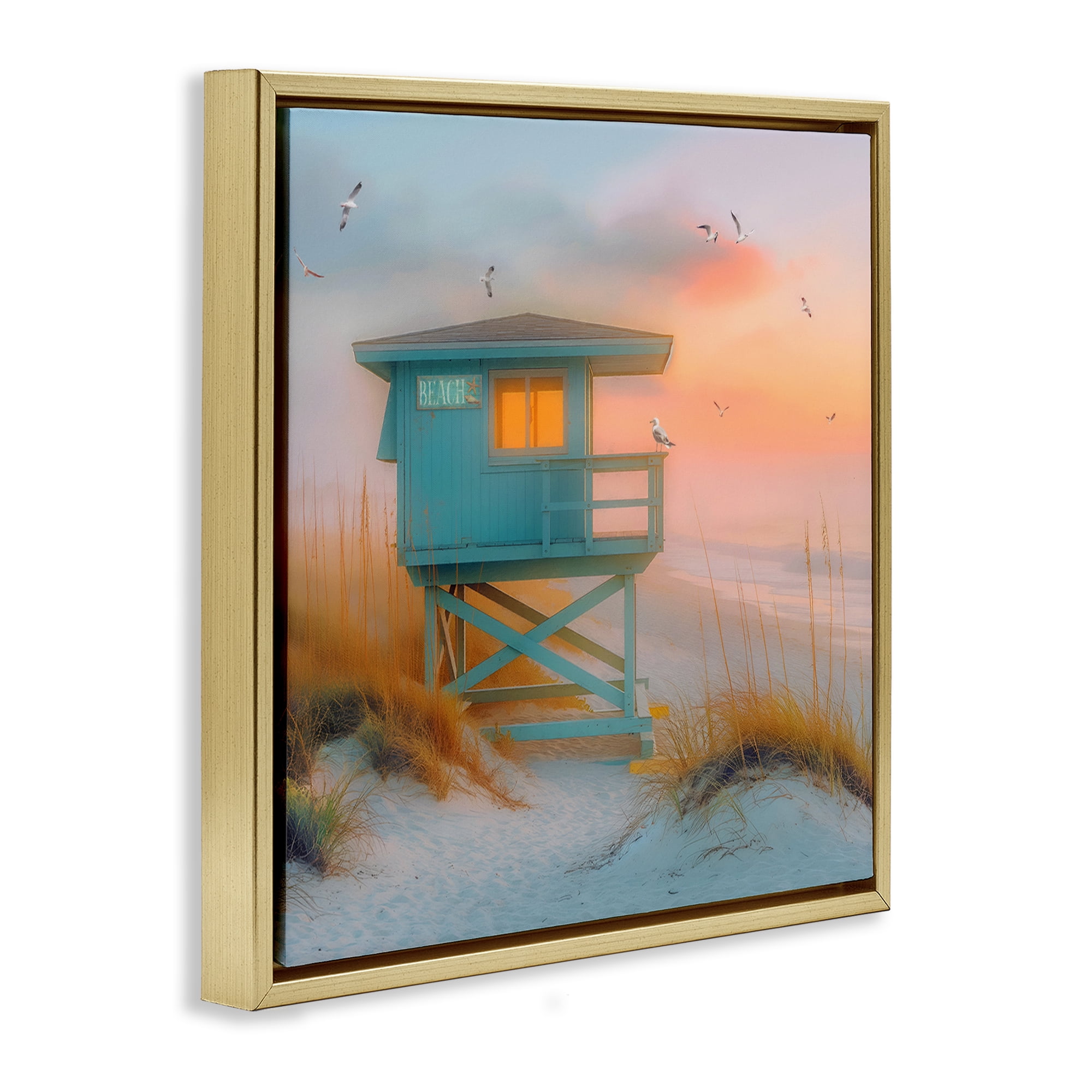 Stupell Industries Coastal Charm Beach Coastal Painting Gold Floater Framed Canvas Art Print Wall Art, 18 x 18