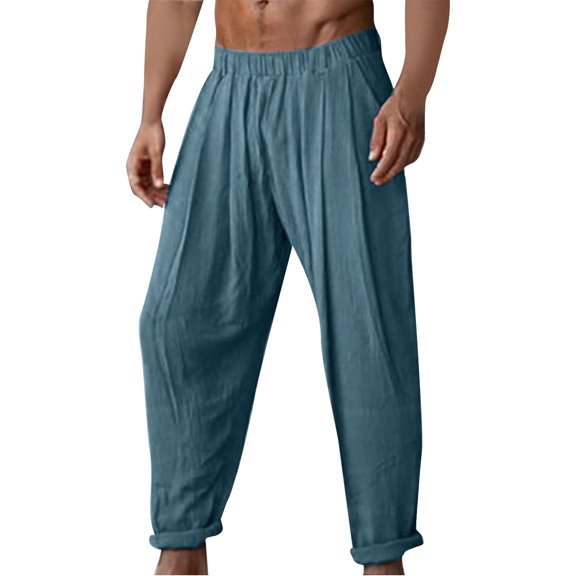 HOOMEUMY Men's Harem Pants Loose Fit Linen Blend Cotton Trousers Solid Color Baggy Pants with Pockets Blue M