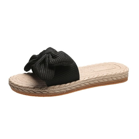 

Cathalem Ladies Fashion Solid Color Cloth Bow Decoration Straw Woven Flat Open Toe Slippers Black 41