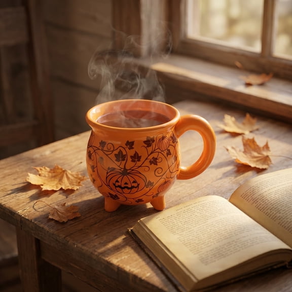 MMJ Halloween Decorations Ceramic Pumpkin Cauldron Mug 4 Footed Halloween Cup for Hot Cocoa Coffee 3 Colors