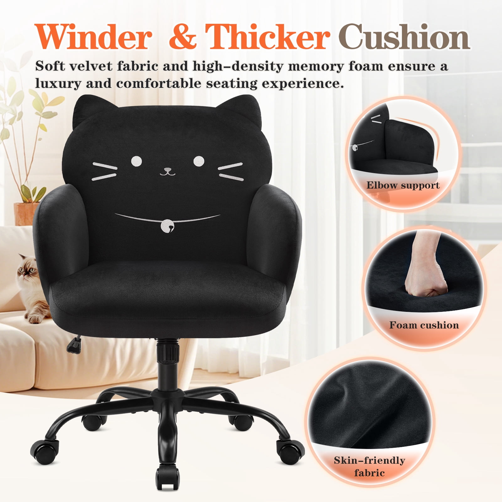 Ergonomic Office Chair for Women  Cute Pet Cat Themed, Velvet Upholstered, Wide Seat, Tufted Desk Chair for Bedroom Study