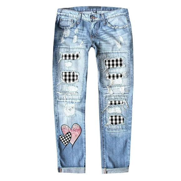 SNOWSONG Women's Jeans, Valentine's Day Womens Plaid Patch Ripped Boyfriend Distressed Love Prints Embroidery Stretch Skinny Denim Jeans with Hole, 1PC Pants A XXL