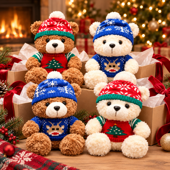 Christmas Sweater Bear Stuffed Animal, 7" Plush Teddy Bear with Santa Hat, Soft Knit Polyester Christmas Gift Toy, Holiday Home Decor
