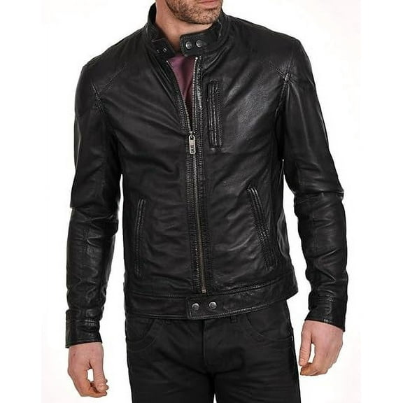 Men Pure Genuine Leather Jacket Lambskin Winter Vintage Motorcycle Biker Black A014