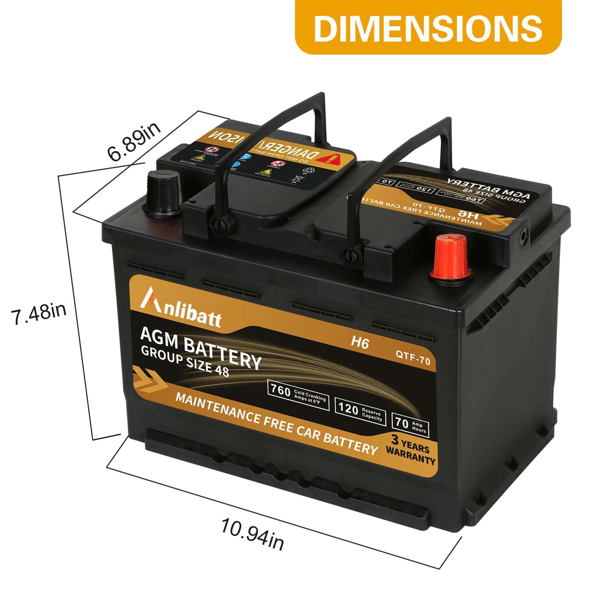Anlibatt Car AGM Battery Group Size 48 H6 Start Stop Battery 12V 70Ah 760CCA Maintenance Free Rechargeable