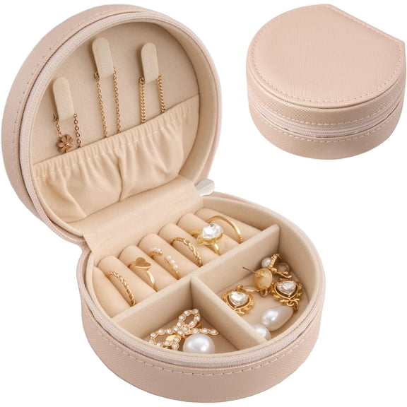 Procase 2 Layer Mini Portable Seashell-Shaped Jewelry Case, PU Leather Travel Size Jewelry Box -Champagne