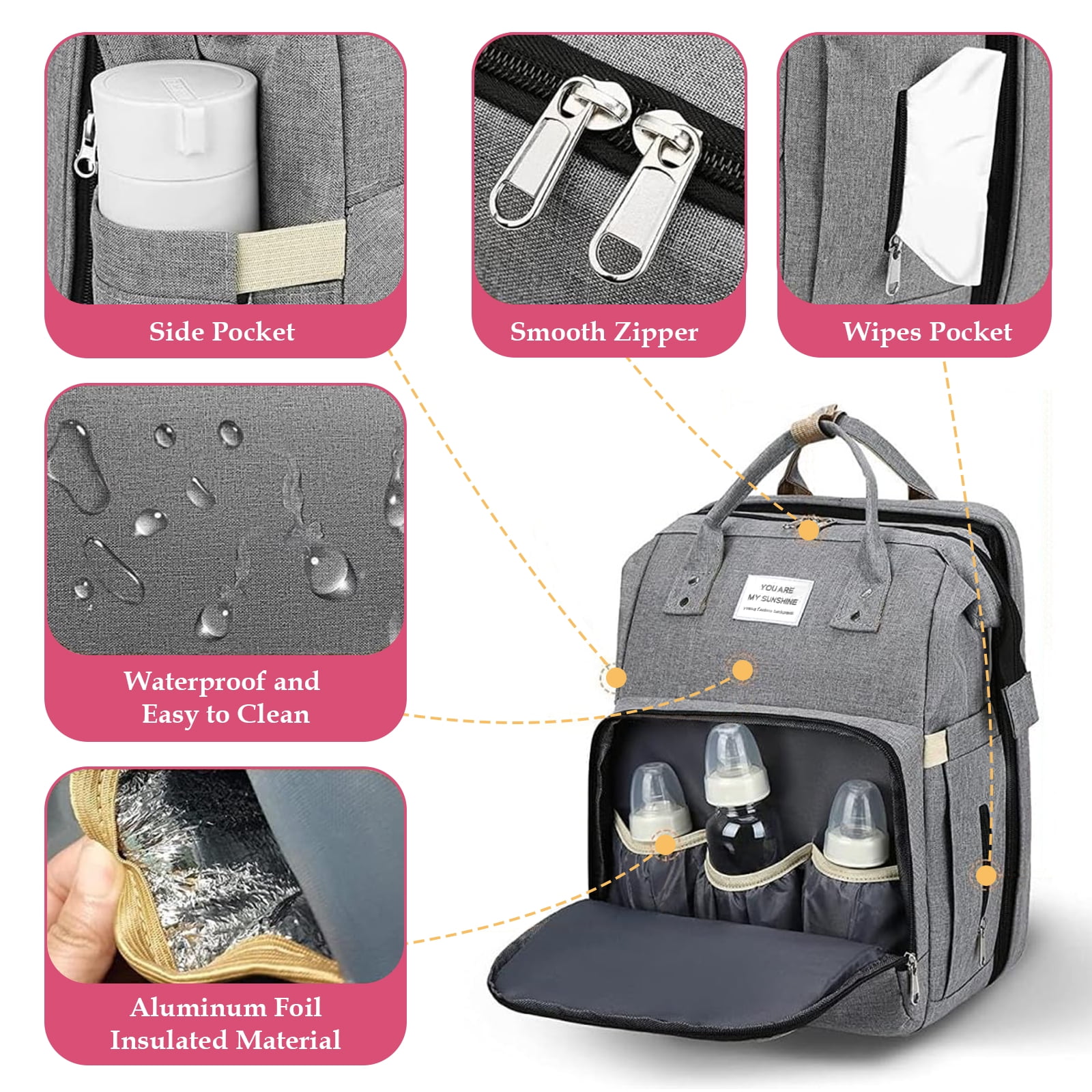 Diaper Bag Backpack, Large Waterproof Baby Bag for Mom with Changing Pad, USB Charging Port, Baby Shower Gifts, Gray