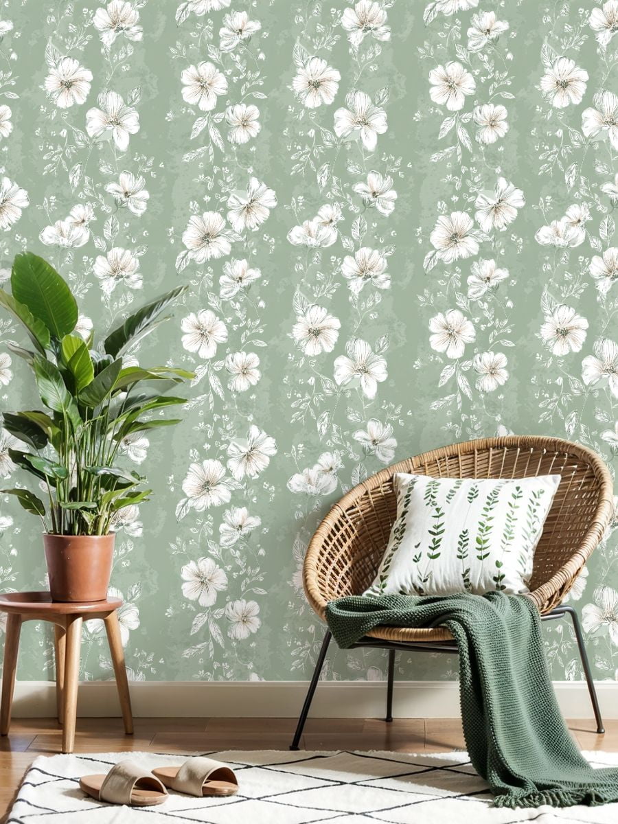 Sage Green Peel and Stick Wallpaper Floral Soft White Flowers Green Wall Mural 23.6in x 9.8ft Self Adhesive Removable Wall Paper Renter Friendly Wallpaper for Girls Bedroom