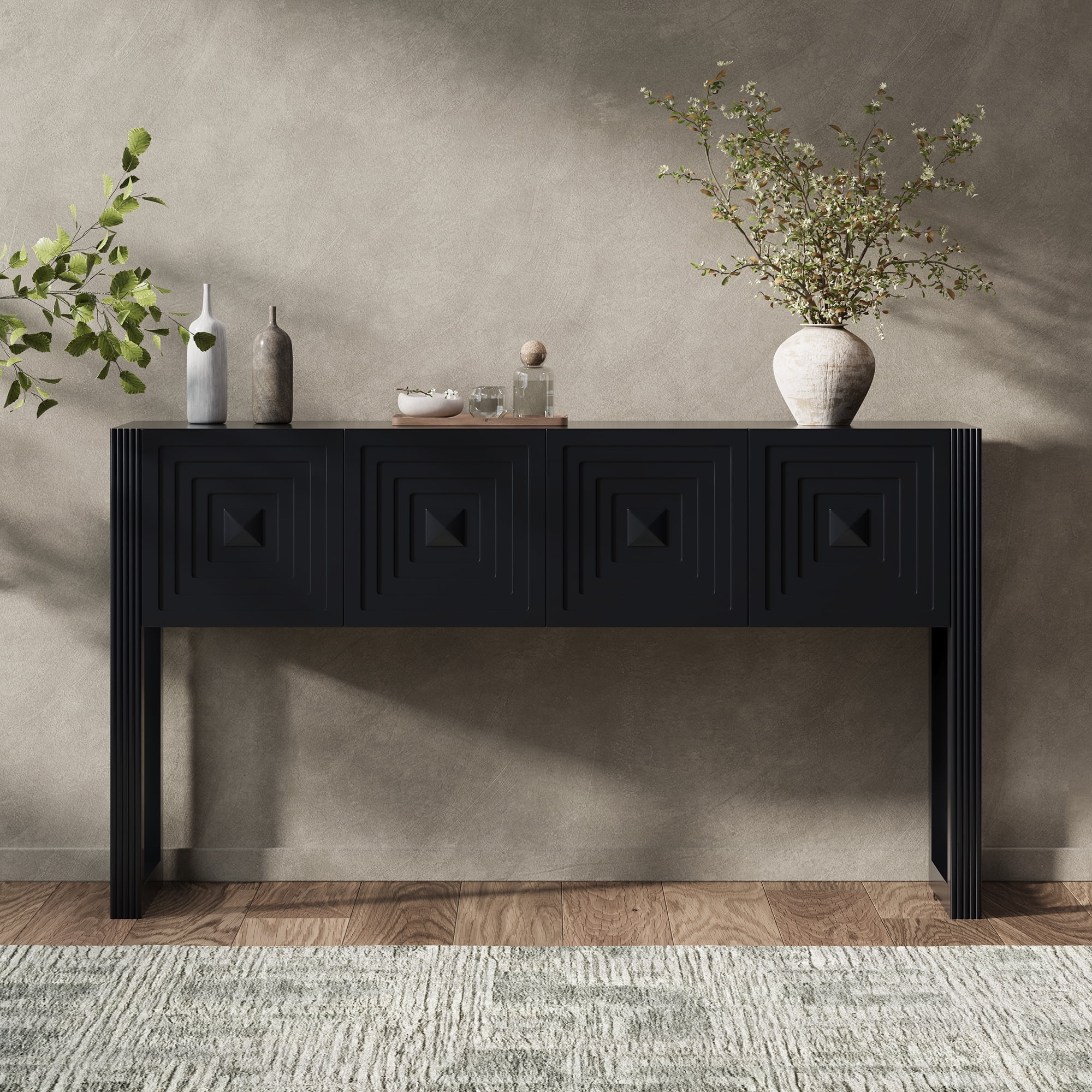 Mintazer Geometric Carved Console Table with 3 Soft-Close Drawers, Entryway Sofa Table for Living Room,Hallway, 54.9 x 14.7 x 31 inches, Black