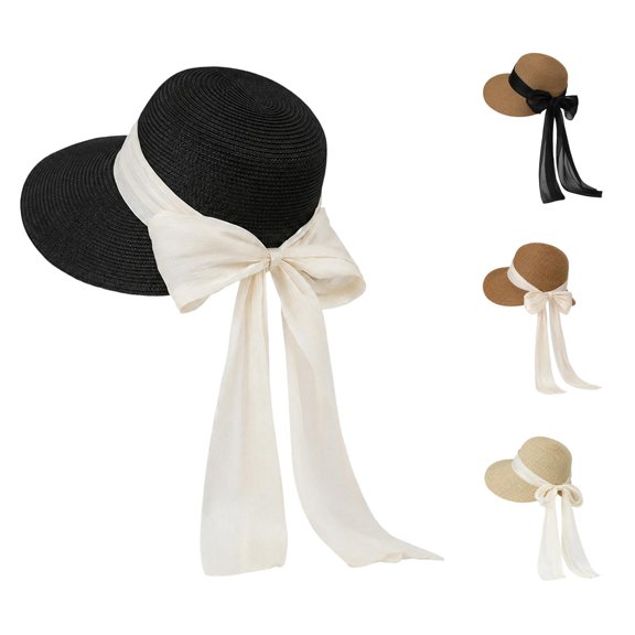 XFeng Floppy Straw Sun Hat Women Chiffon Bow Beach Straw Hat