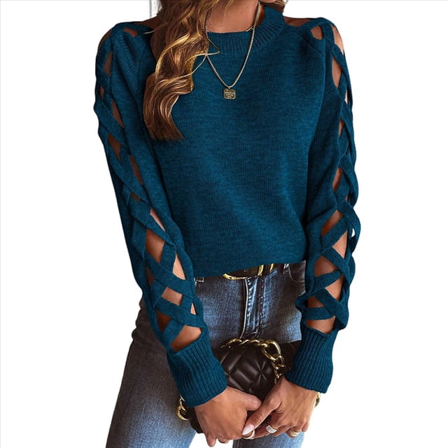 Suéter de Cuello Redondo con Mangas Raglán Huecas de Color Liso para Mujer, Estilo Y2K Azul L