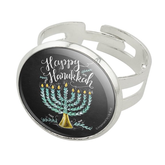 Happy Hanukkah Menorah Silver Plated Adjustable Novelty Ring