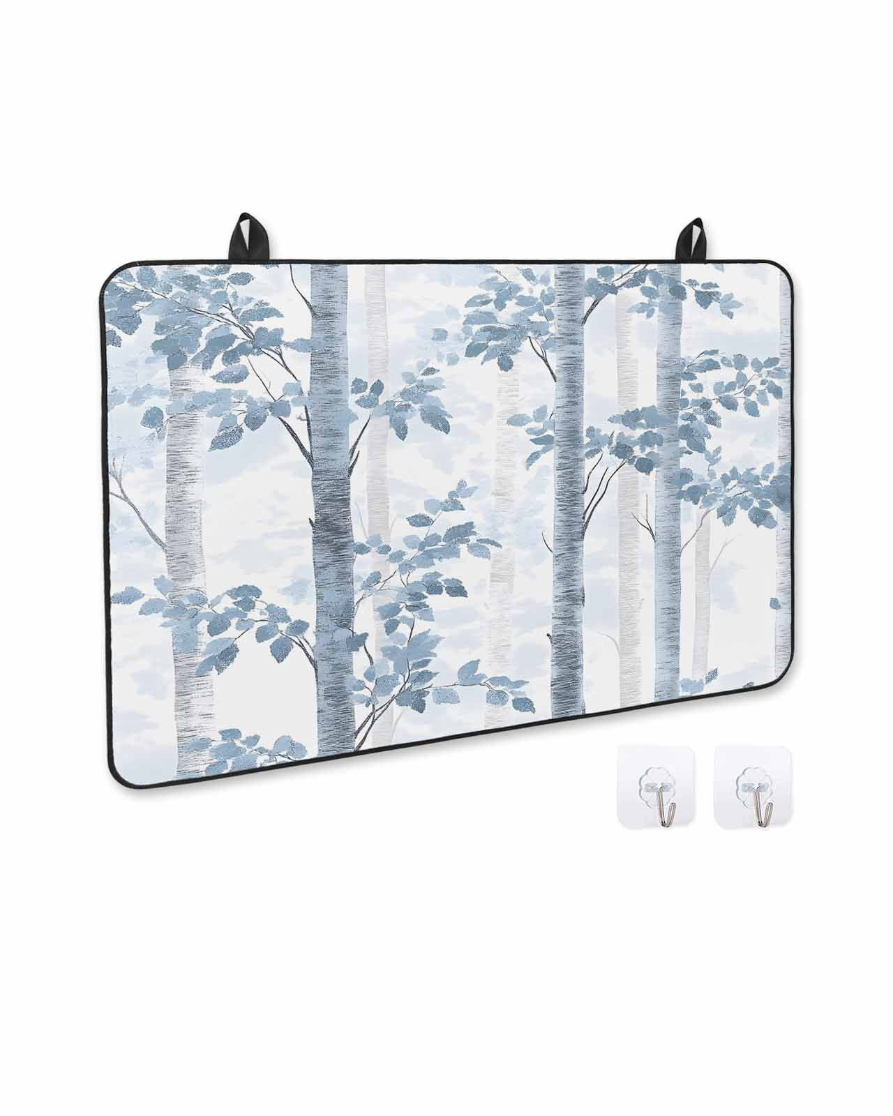 nqOlkjepod Large Induction Cooktop Protector Mat 36"x21", Blue Gray Forest Stove Top Covers for Electric Stove, Watercolor Tree Blue Leaves Decorative Stove Burner Cover Mats, Glass Top Stove Cover