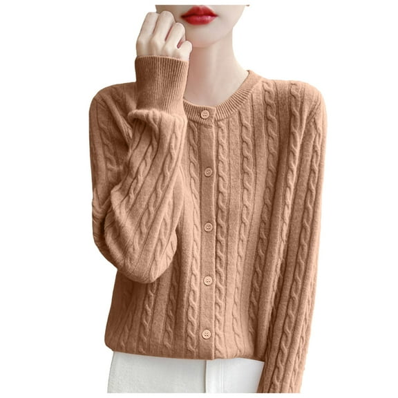 Juosiy Women Autumn and Winter Lightweight Knitted Sweater Round Neck Long Sleeve Versatile Wool Cardigan