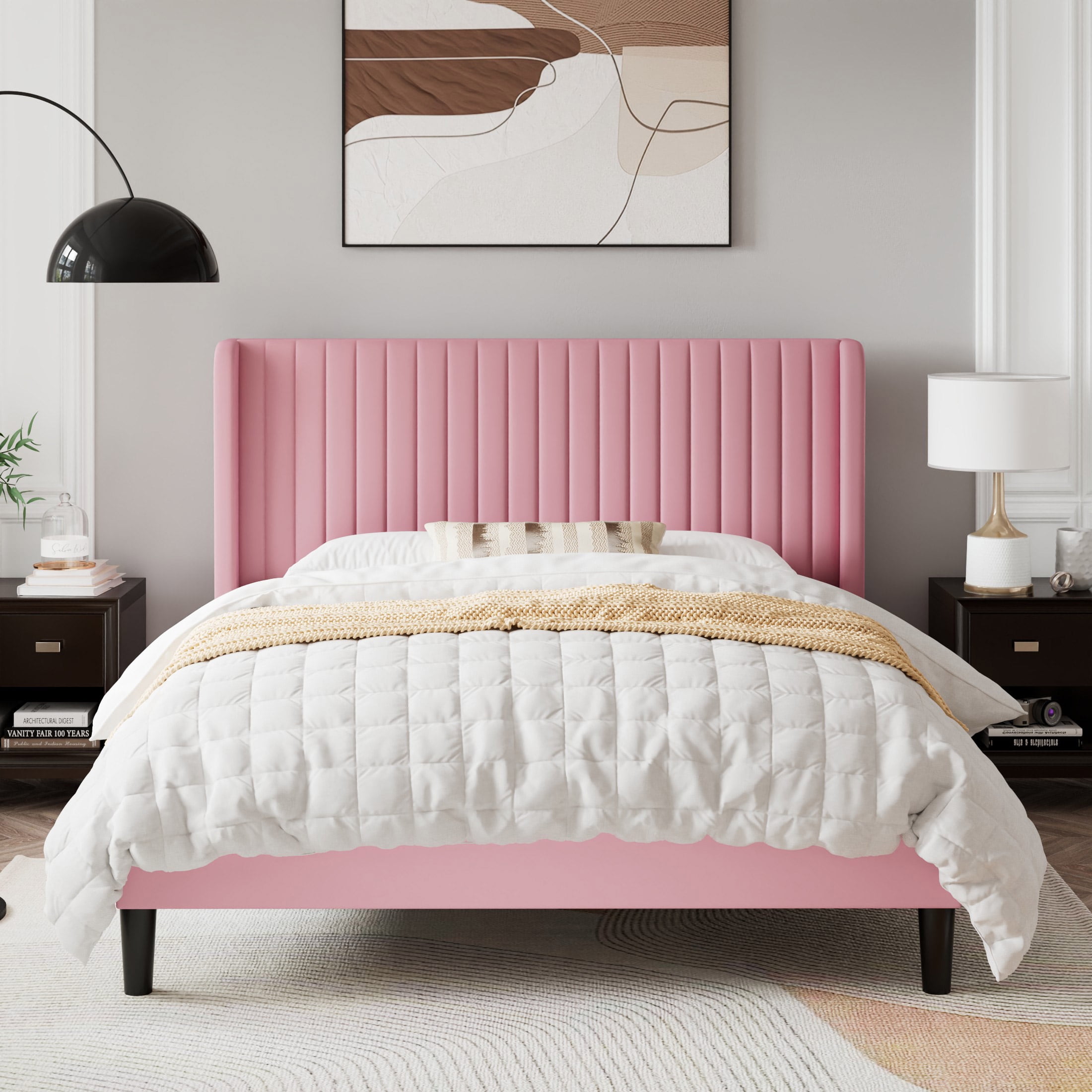 Sifurni QUeen Size Velvet Platform Bed Frame with Vertical Channel Tufted Wingback Headboard, Pink