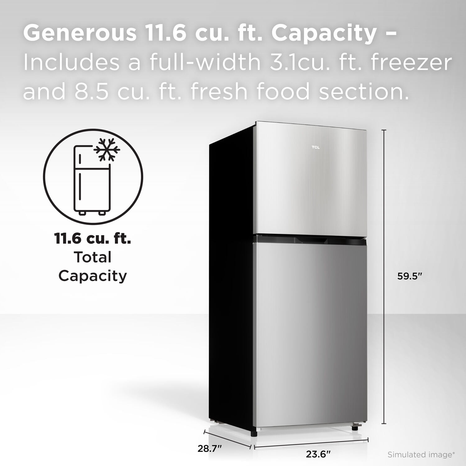 TCL Silver Two-Door Counter-Depth Refrigerator with Freezer for Home, Kitchen & Garage, 11.6 Cu. Ft.