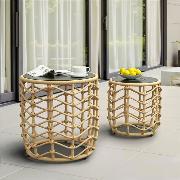 EVERITE Outdoor Wave Wicker End Tables Set of 2,Modern Boho Style with Built-in Solar Lights,Natural Brown