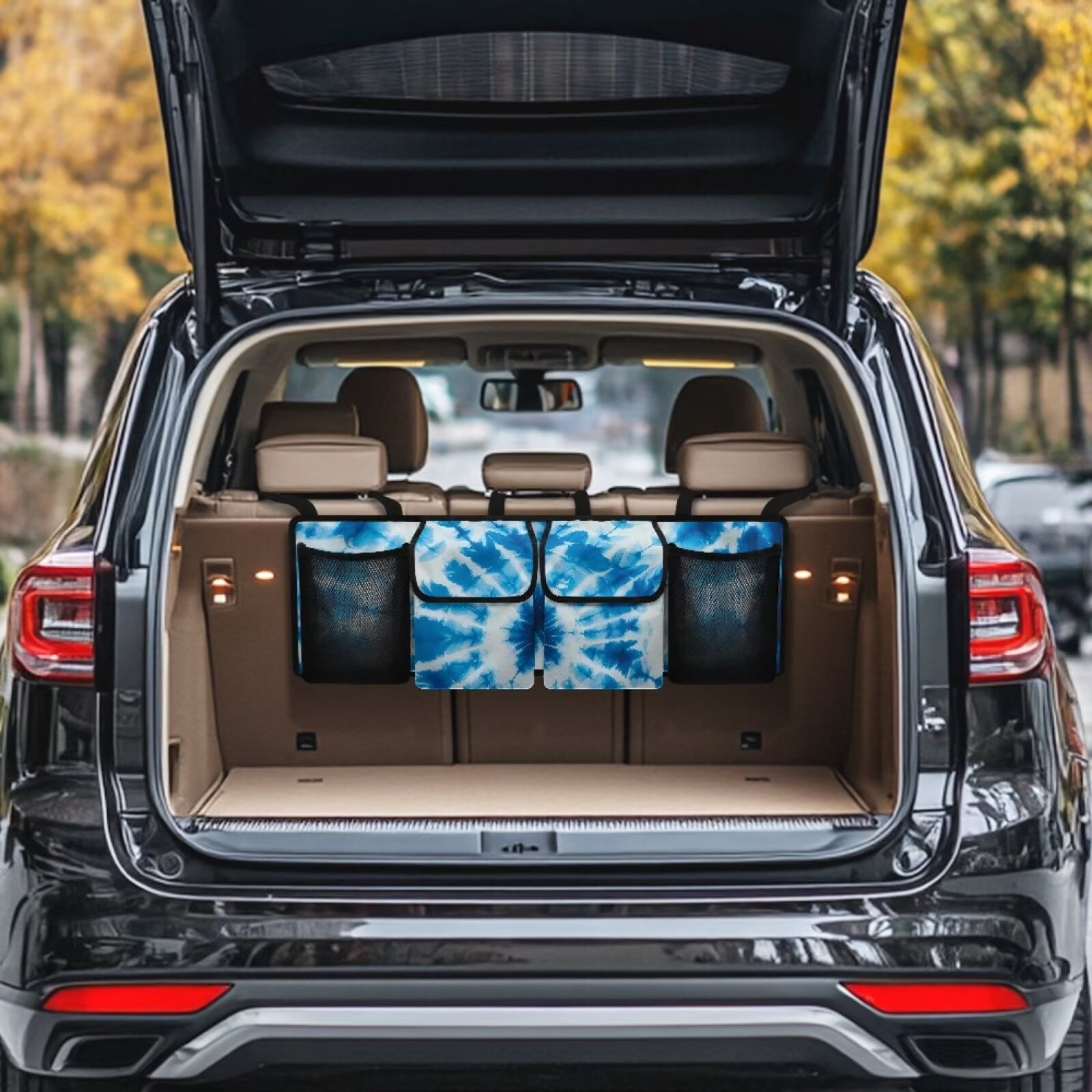 KUIFORTI Trunk Organizer for SUV Trunk Organizers and Storage, It Easy to Find Things, Blue Tie Dye Car Accessories Space-Saving Backseat Car Organizer with Adjustable Straps