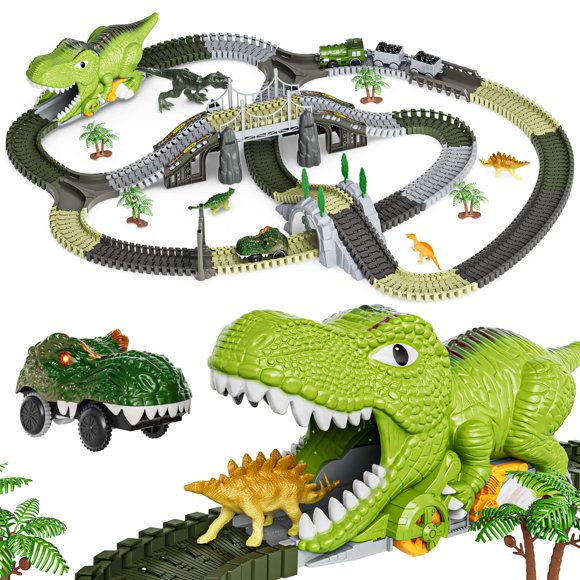 TUMAMA Dinosaur Toys Race Track, 281 Pcs Dinosaur Train Toys for Kids 3-5 5-7, Flexible Train Tracks with 4 Dinosaurs Figures, 2 Electric Race Cars with Light, Create A Dinosaur Road