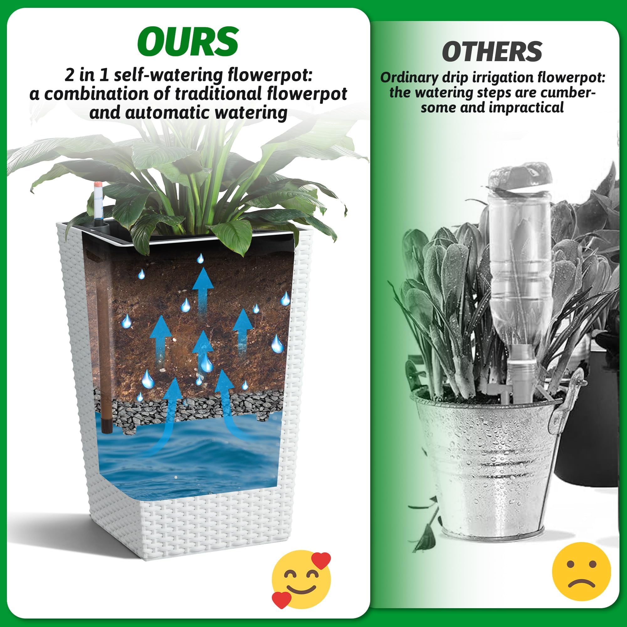 Kicctian Set of 2 Tall Rattan Planters – 16" Modern Plant Pots with Built-in Drainage & Removable Liners – Ideal for Indoor Outdoor Patio, Porch, Garden Decor, White