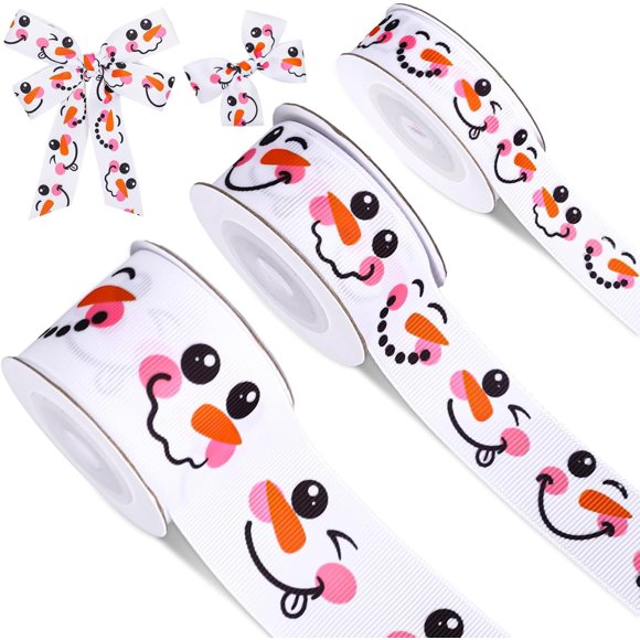 shiyou-3 Rolls Winter Snowman Grosgrain Ribbon Xmas Snowman Faces Ribbon for Christmas Wreath Bow Craft Gift Wrap Holiday Party Decor, 15 Yards