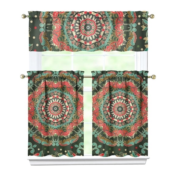 Exotic Paisley Artwork Kitchen Curtains - 3 Piece Set Chic Pattern, Bohemian Floral Tiers with Valance, Semi-Sheer Farmhouse Window Decor