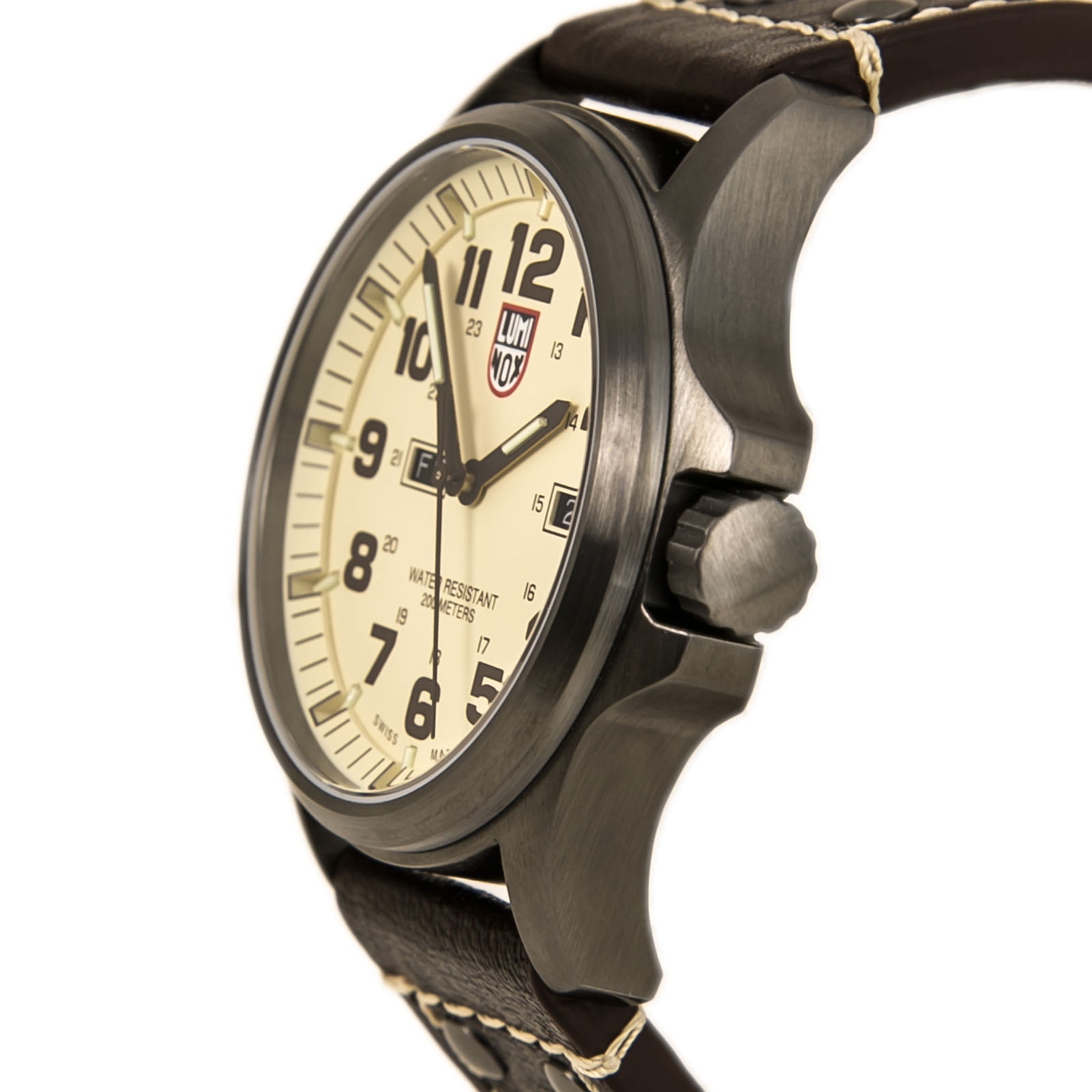 Luminox 1927 Men s Atacama Field Day Date 1920 Series Beige Dial Black IP Steel Brown Leather Strap Dive Watch