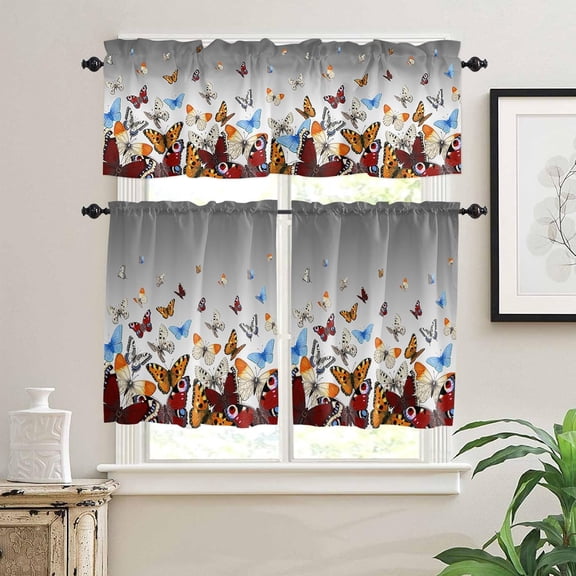Butterfly Kitchen Window Curtain Set with Tiers and Valance, 3 Pieces Rod Pocket Valances Farm Style Butterfly Grey Gradient Window Treatment Semi Sheer Kitchen Bedroom Farmhouse Decor (52"W x 18"L)