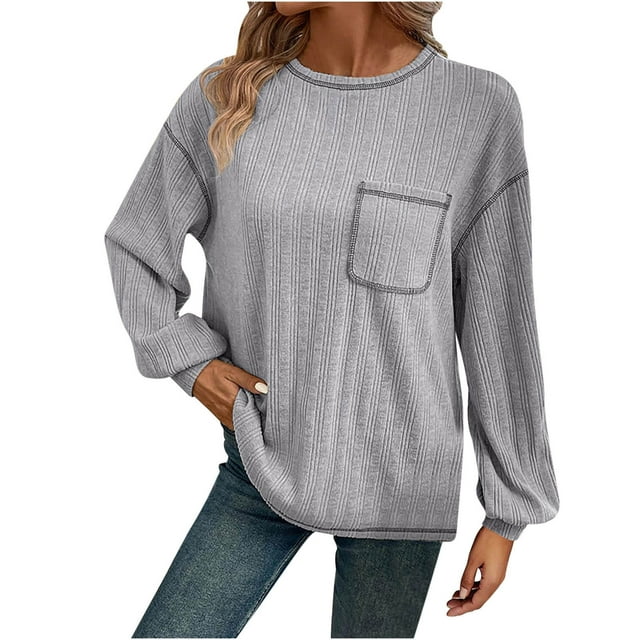 cfhntfmh Women's Ribbed Sweater Crew Neck Long Sleeve Shirts 2024 Fall Loose Solid Knit Pullover with Pockets