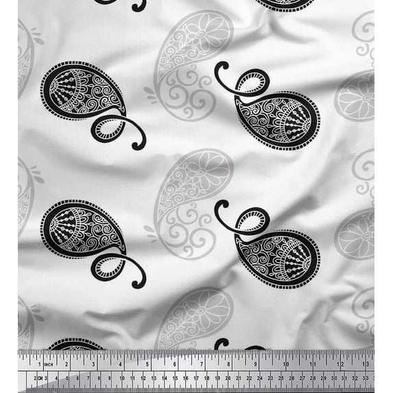 Soimoi White Rayon Fabric Black Sketch Paisley Fabric Prints By Yard 56 Inch Wide